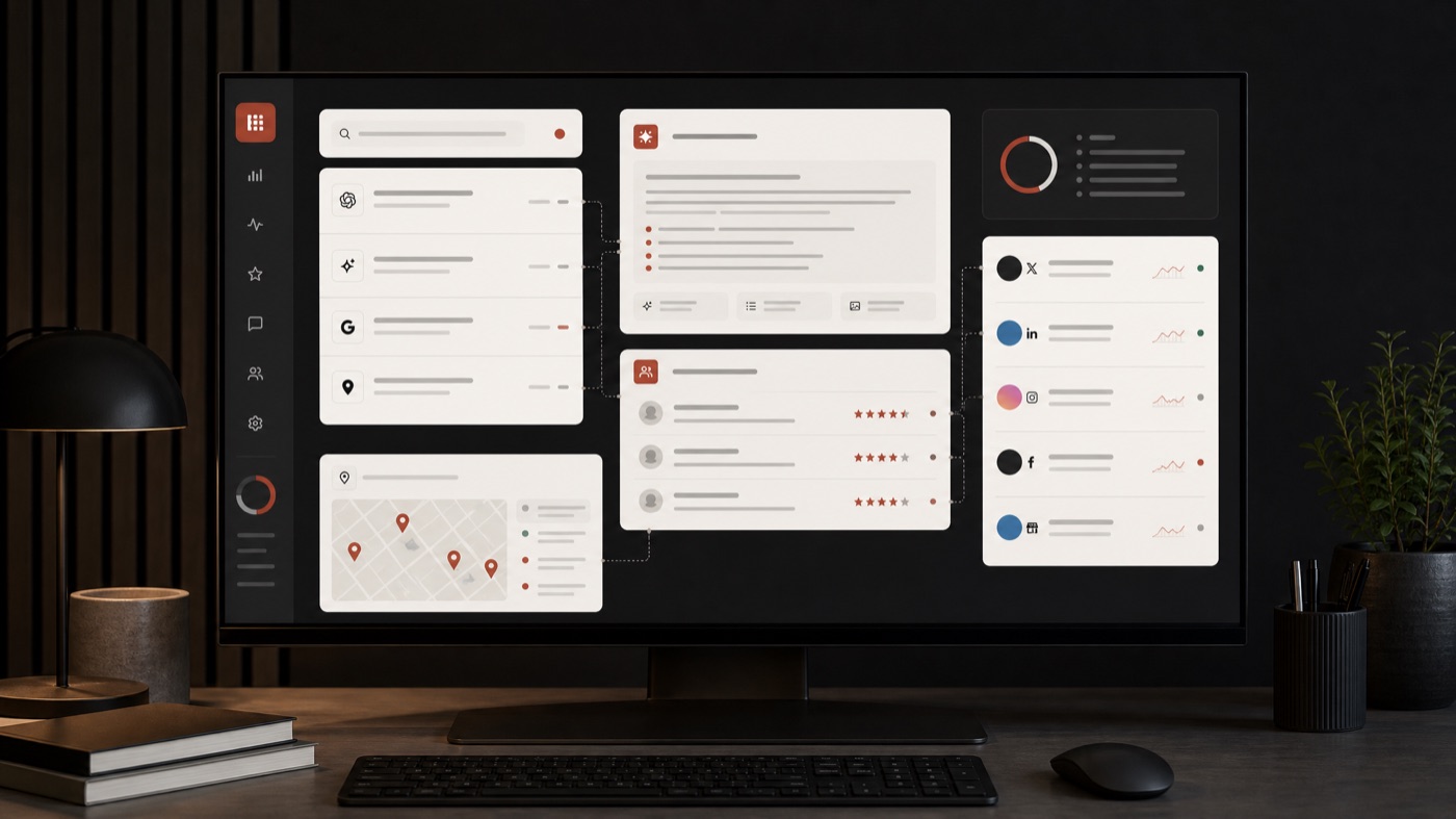 AI search and social visibility command-center interface with search signals, reviews, social profiles, and lead-flow connections.