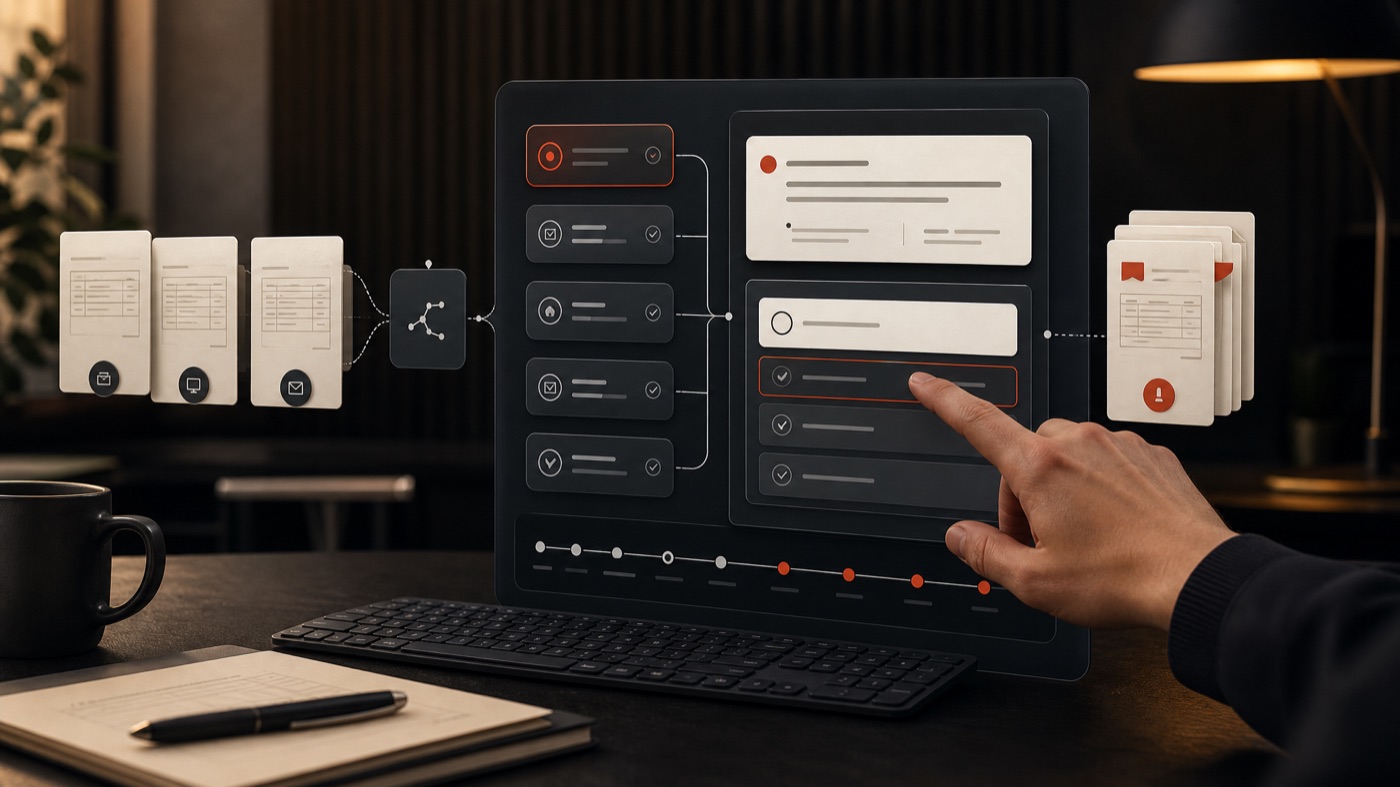 AI automation workflow with document intake, routing paths, assistant panel, exception queue, and human approval checkpoint.