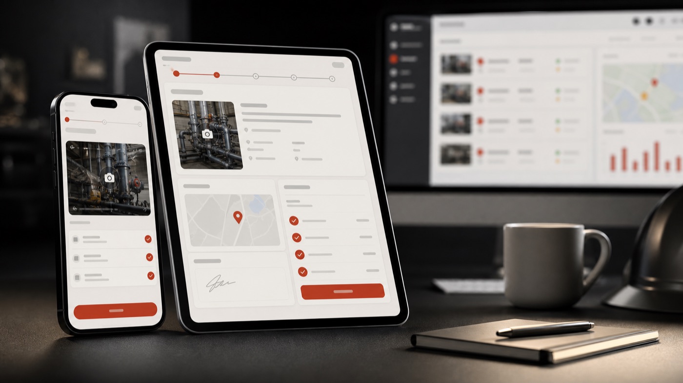 Custom mobile app product mockup with phone and tablet screens for photo capture, checklists, approvals, location context, and office handoff.
